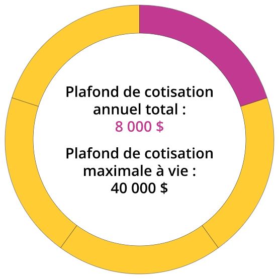 Graphique circulaire montrant la limite de cotisation annuelle de 8 000 $ et la limite de cotisation à vie de 40 000 $