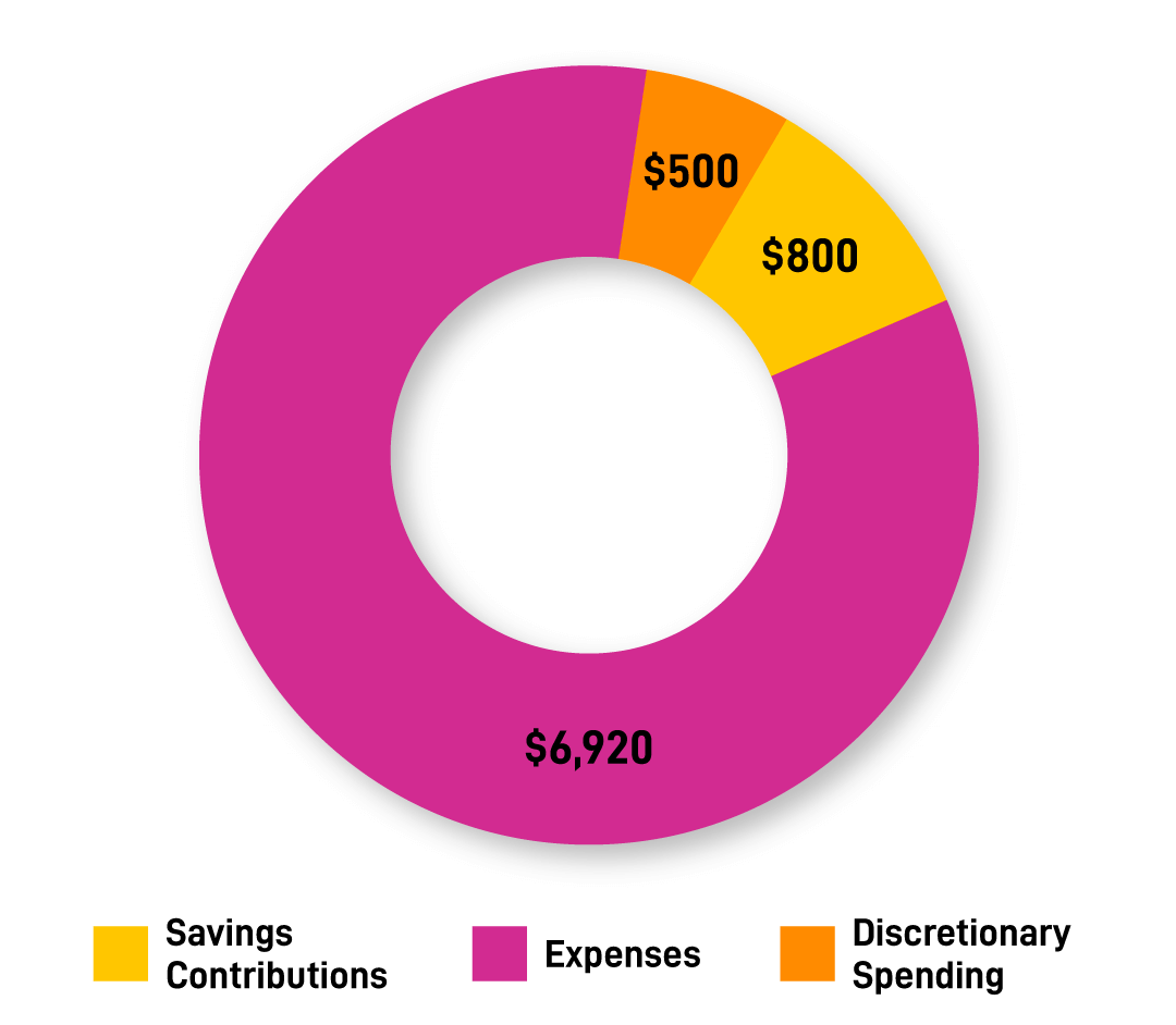 A chart containing monthly spending breakdown. Expenses - $6,920 Savings Contributions - $800 Discretionary spending - $500