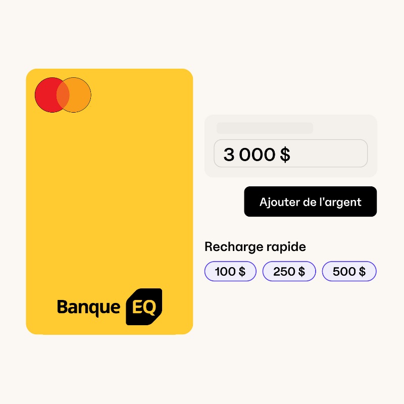 Carte Banque EQ à côté d’images simplifiées de la fonction de recharge dans l’Appli de la Banque EQ, indiquant un montant avec le bouton « Ajouter de l’argent » et les options de recharge rapide.