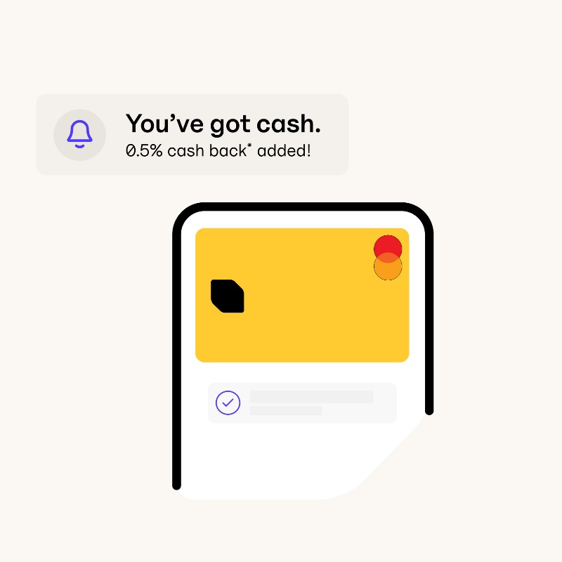 Image of the EQ Bank card on a phone screen with a notification displaying text: You've got cash. 0.5% cash back* added!