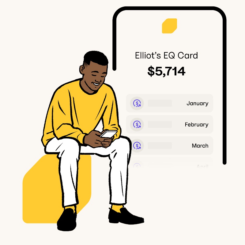 Man looking at phone sitting against a simplified illustration of the EQ Bank mobile app.