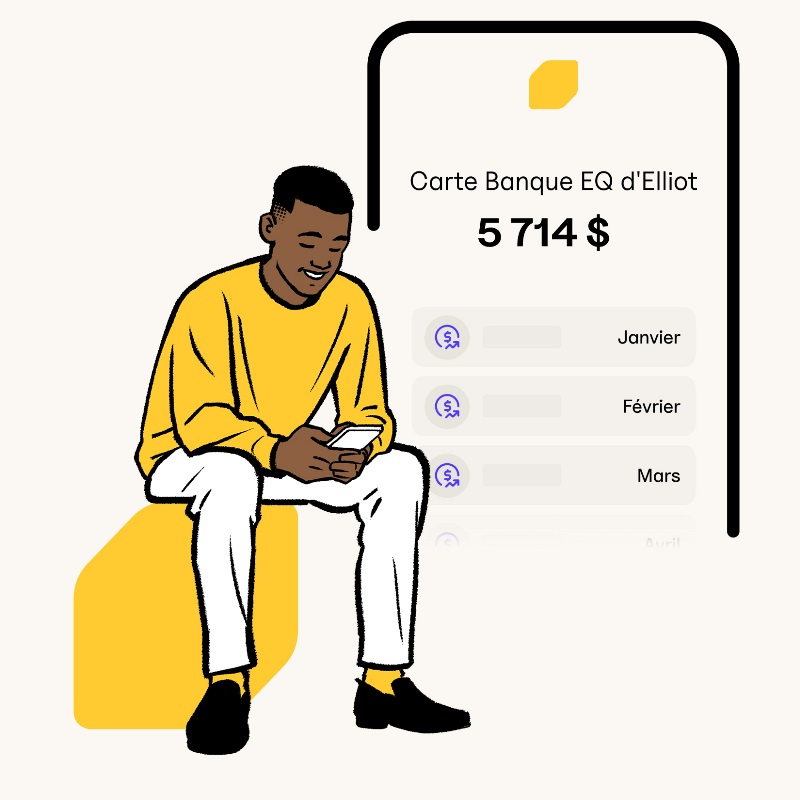 Un homme regardant son téléphone assis face à une image simplifiée de l’Appli de la Banque EQ.