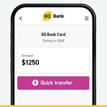 Half of phone with screen EQ Bank showing amount to send a quick transfer