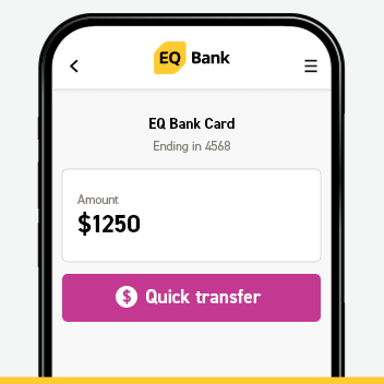 HowItWorks_Step2_352x352 Half of phone with screen EQ Bank showing amount to send a quick transfer