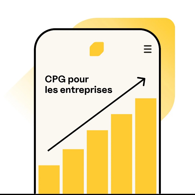 Écran de téléphone affichant le texte « CPG pour les entreprises » avec un graphique à barres et une flèche pointant vers le haut, apposé contre le losange de la Banque EQ.