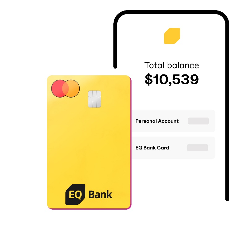 Phone screen showing the EQ Bank mobile app dashboard, next to an EQ Bank Card.