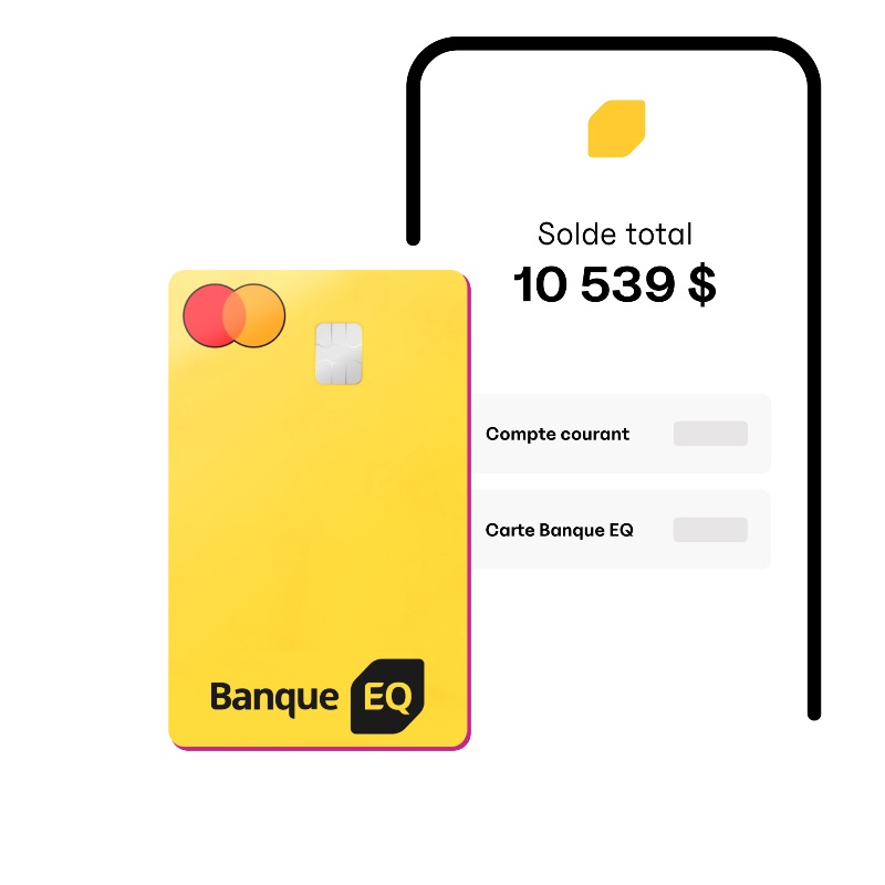 Écran de téléphone affichant le tableau de bord de l’Appli de la Banque EQ, à côté d’une Carte Banque EQ.