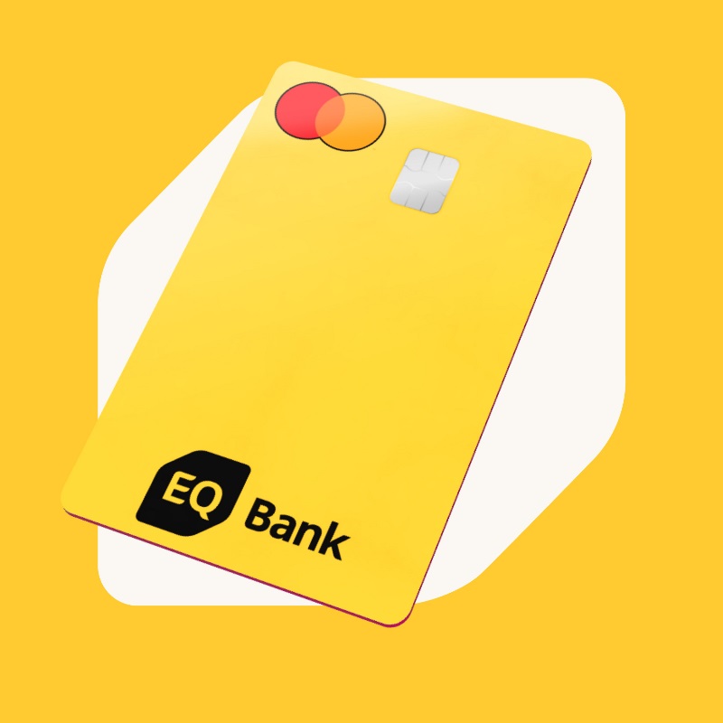 Illustration of hand using EQ Bank mobile app with text graphics next to it displaying: Login, Click Products, Open Accounts