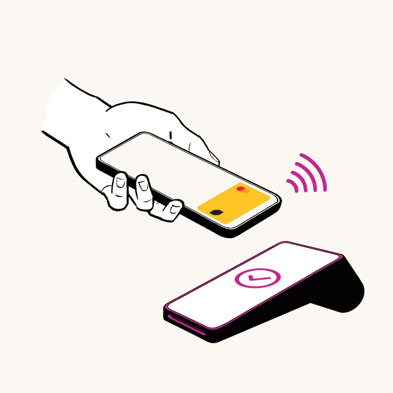 Main payant quelque chose au moyen d’un terminal de point de vente avec la Carte Banque EQ chargée dans le portefeuille mobile.