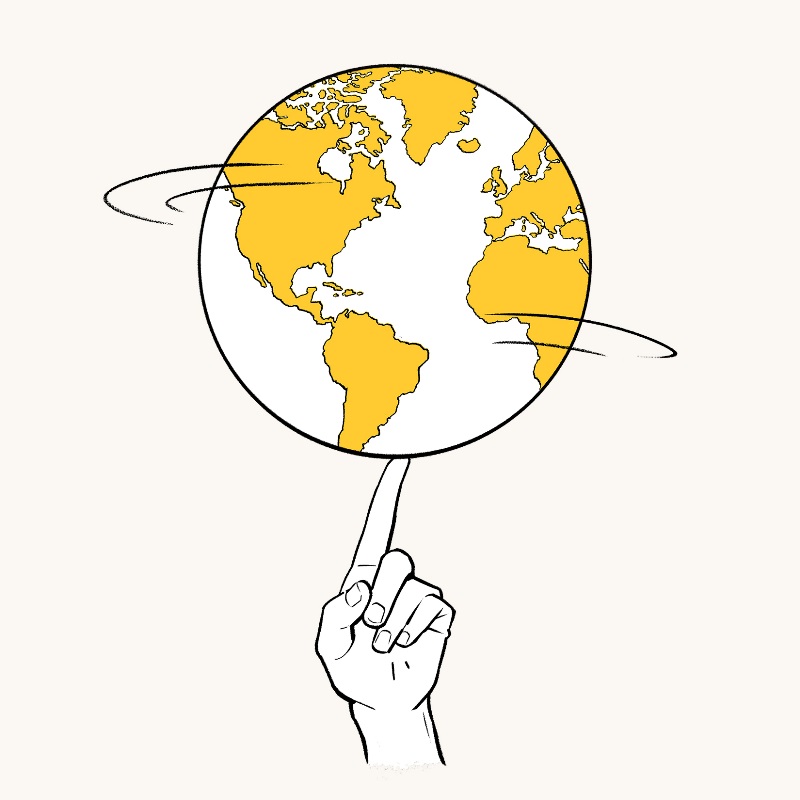 Illustration of a hand twirling a globe on index finger.