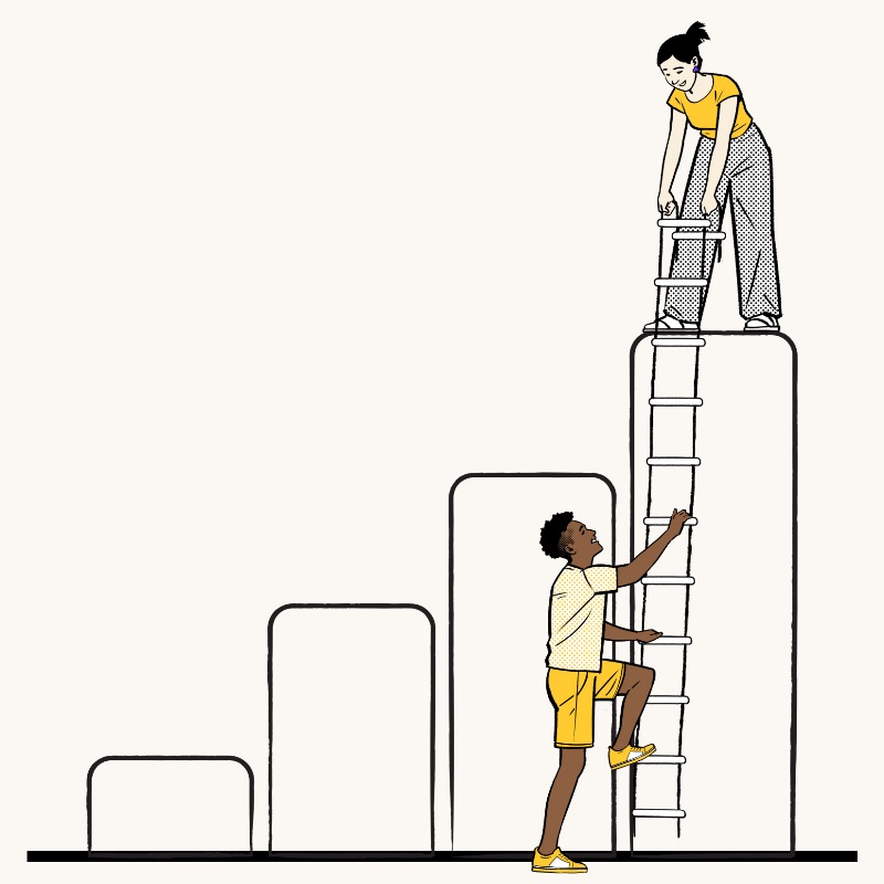 Illustration of a woman helping a man up the ladder against a bar graph drawing.