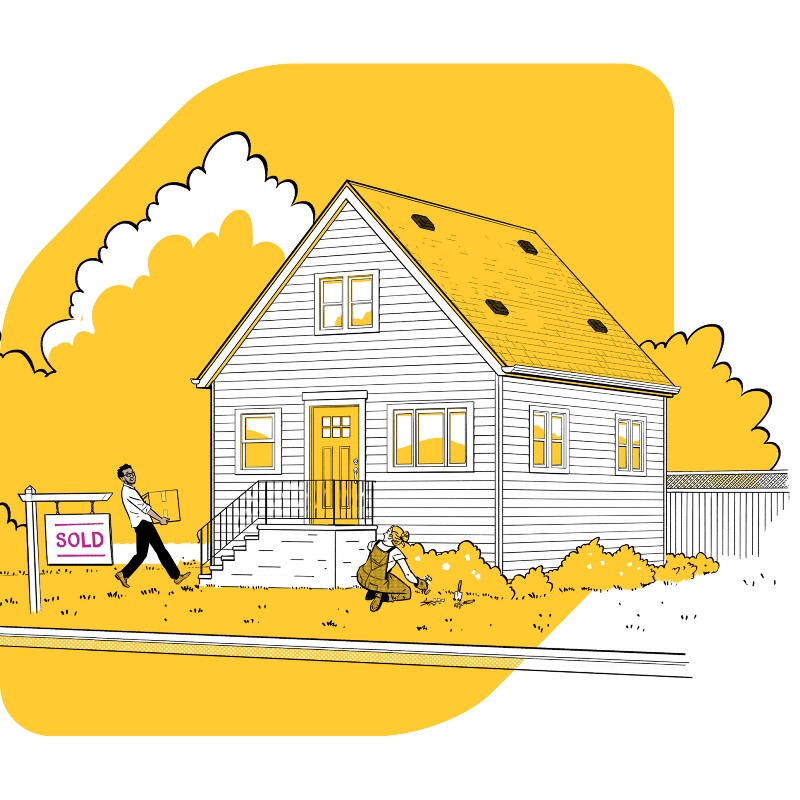 Illustration of man moving boxes into a new home and a woman gardening, set against EQ Bank jewel symbol.