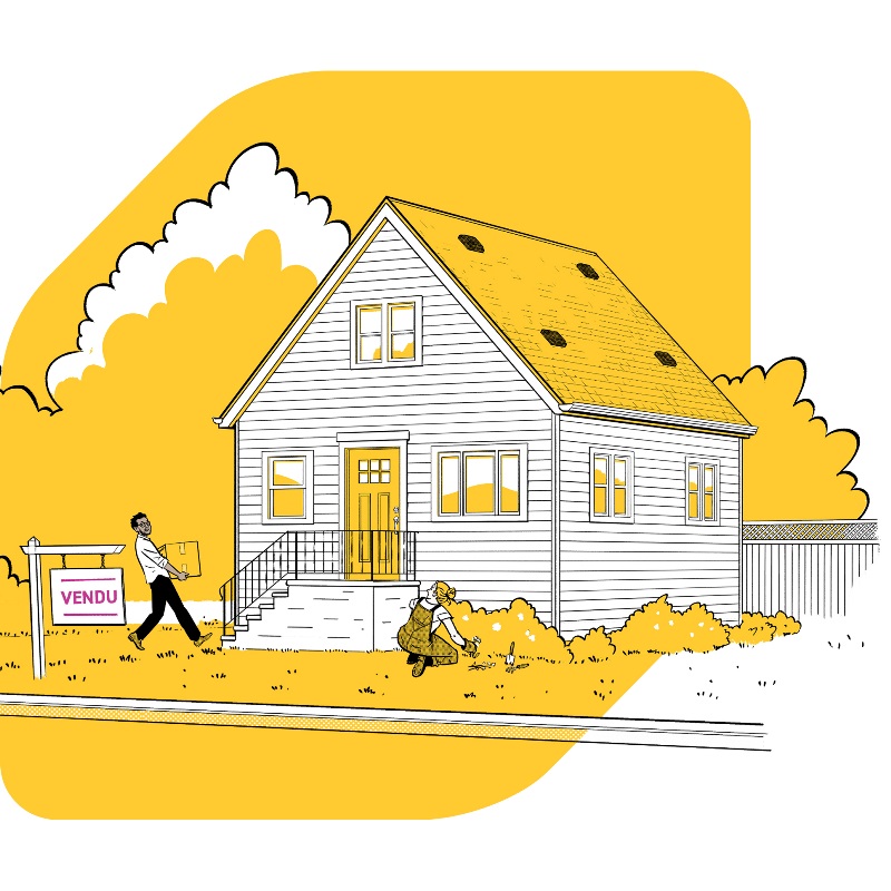 Image d’un homme transportant des boîtes dans une nouvelle maison et d’une femme faisant du jardinage, apposée contre le losange de la Banque EQ.
