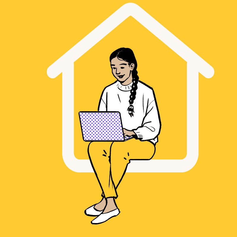 Illustration of young woman working on her laptop sitting on top of an outline of a house.