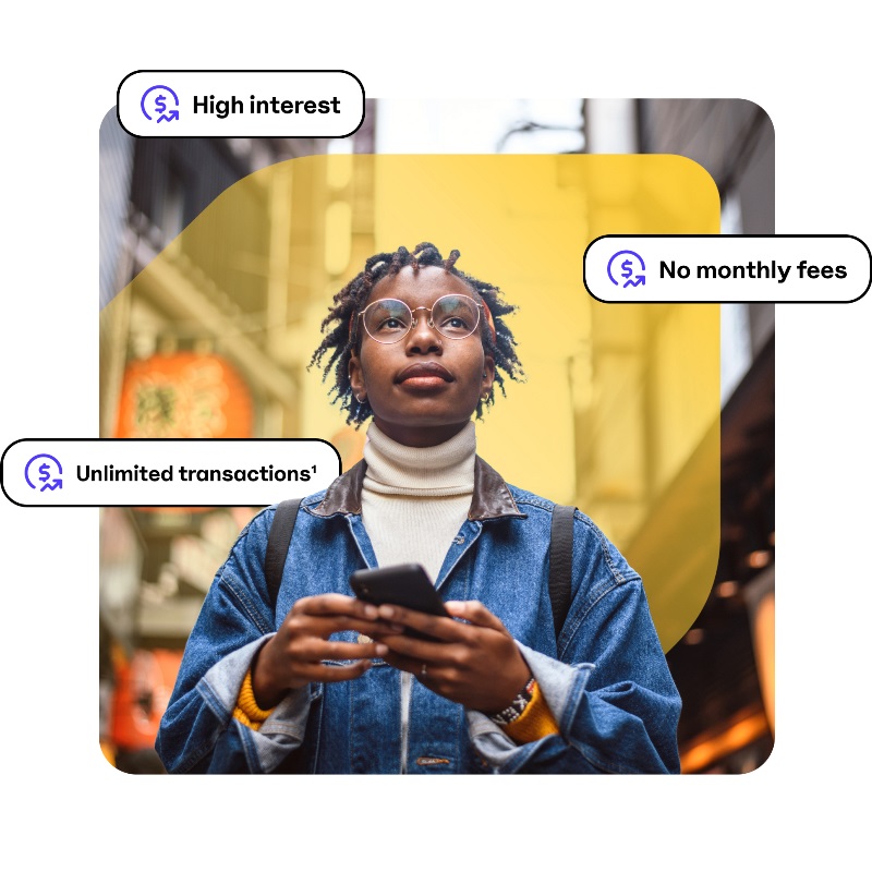 Woman looking upward with phone in hand, surrounded by text describing what EQ Bank offers: high interest, unlimited transactions and no monthly fees, with EQ Bank jewel symbol set against city backdrop.