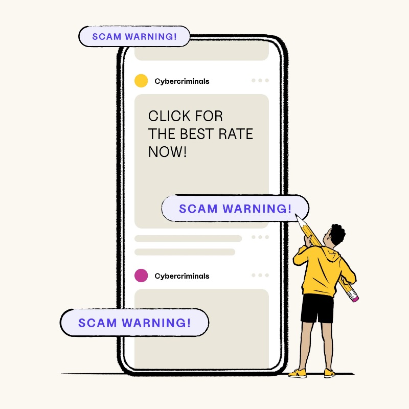 Illustration of phone screen with a simplified graphic of an ad that displays the following text: SCAM  WARNING! CLICK FOR THE BEST RATE NOW!