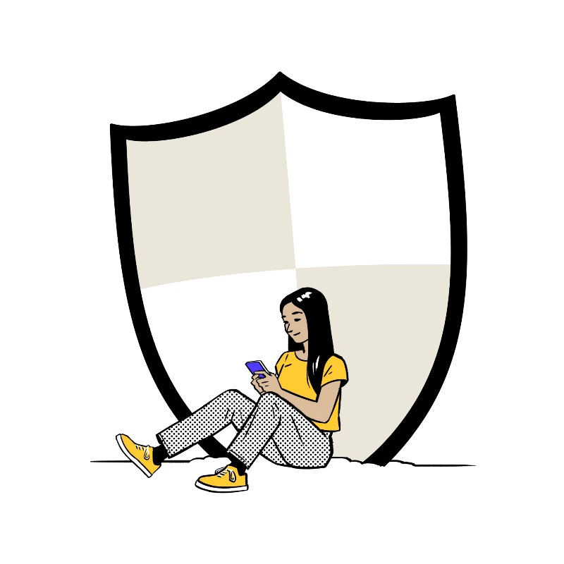 Illustration of woman looking at her phone, leaning against a large shield.