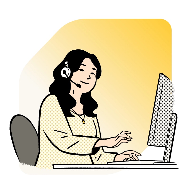 Illustration of woman working at a call centre and looking at her computer