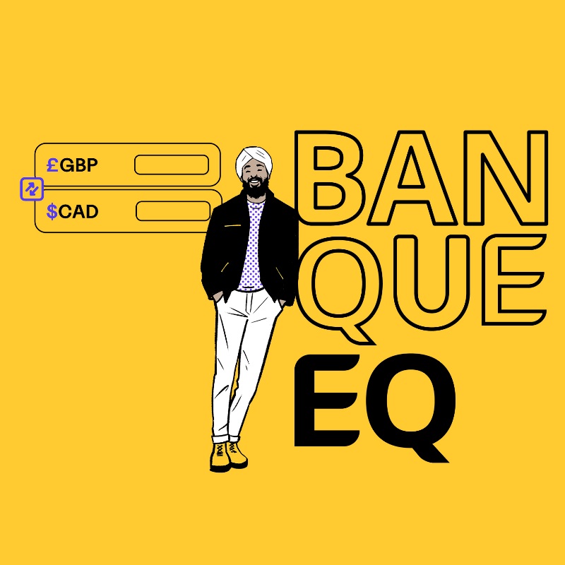 Un homme appuyé contre un graphique de lettres majuscules épelant « Banque EQ », à côté de symboles de différentes devises.