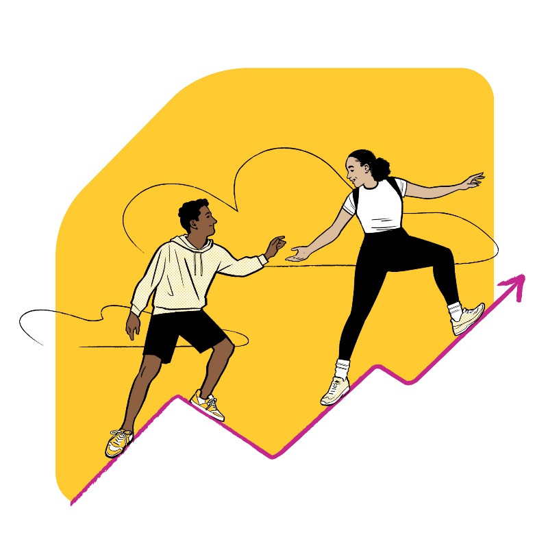 Image d’une femme aidant un homme à gravir une pente, debout au sommet d’un graphique représentant une flèche qui pointe vers le haut, apposée contre le losange de la Banque EQ.