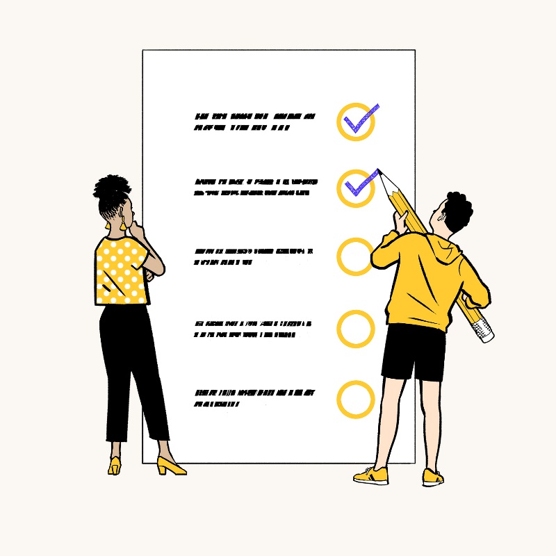 Illustration of man and woman checking off a life-sized list with an oversized pen.