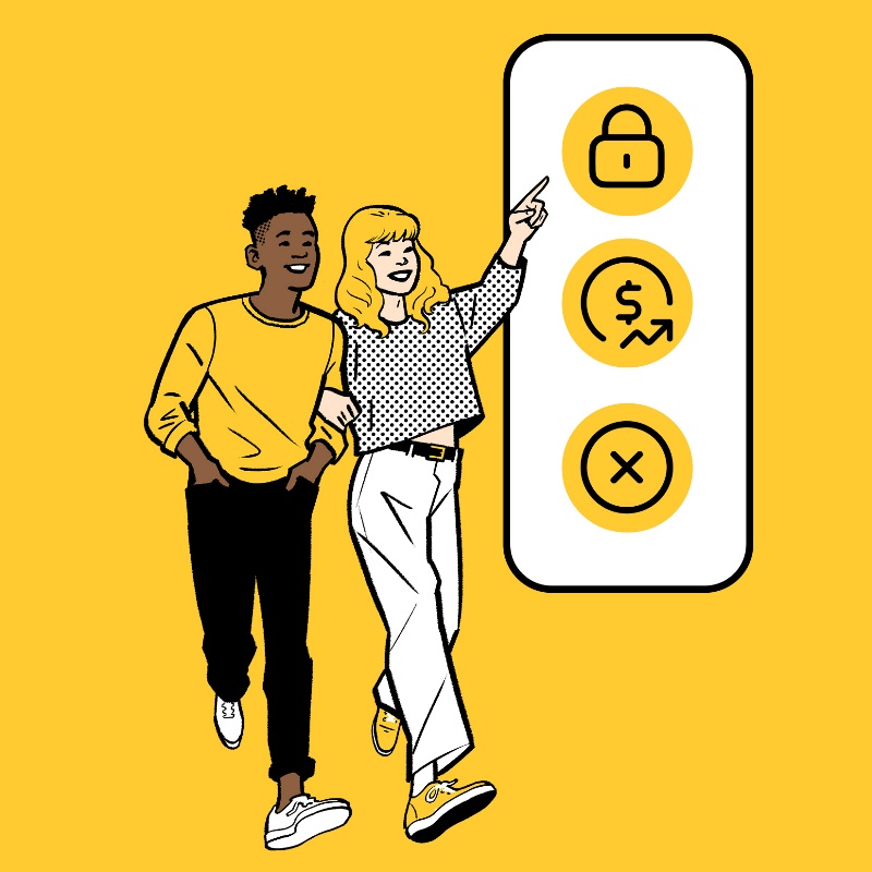 Image d’un homme et d’une femme marchant ensemble, pointant vers l’image d’un téléphone avec des icônes de cadenas, de signe de dollar et de « x ».