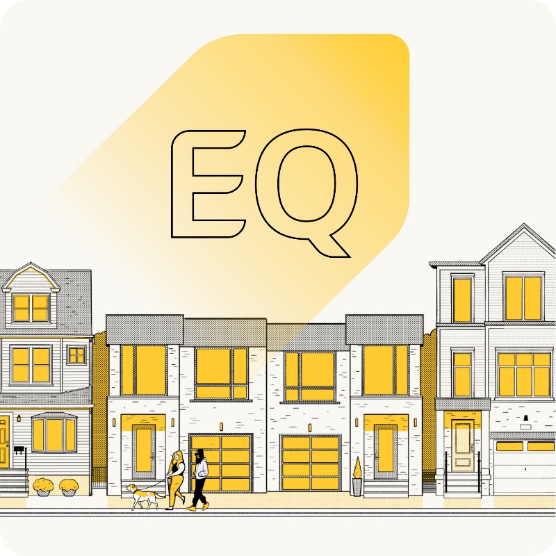Illustration of a street with a variety of houses and people walking their dog on the sidewalk. Text graphic with