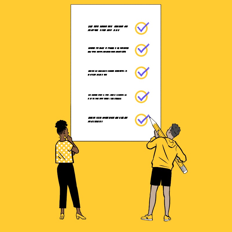 Illustration of man and woman checking off big list with oversized pen.