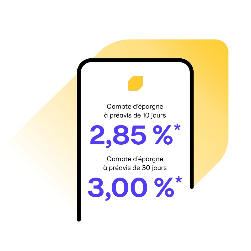 Téléphone sur un élément graphique en losange de la Banque EQ, affichant les taux du Compte d’épargne à préavis : 10 jours à 2,80 %* et 30 jours à 3,00 %*.