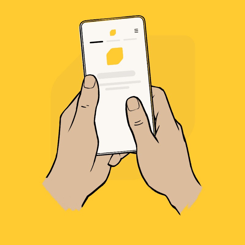 Illustration of pair of hands holding mobile phone showing EQ Bank mobile app on the screen.