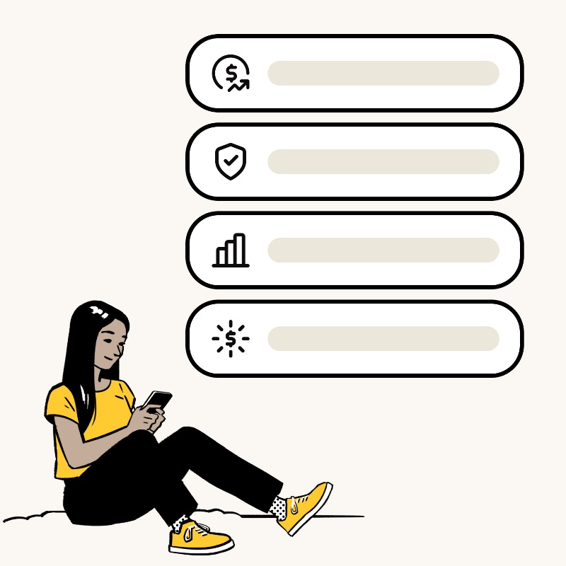 Illustration of womans sitting and using her phone with simplified UI above her.