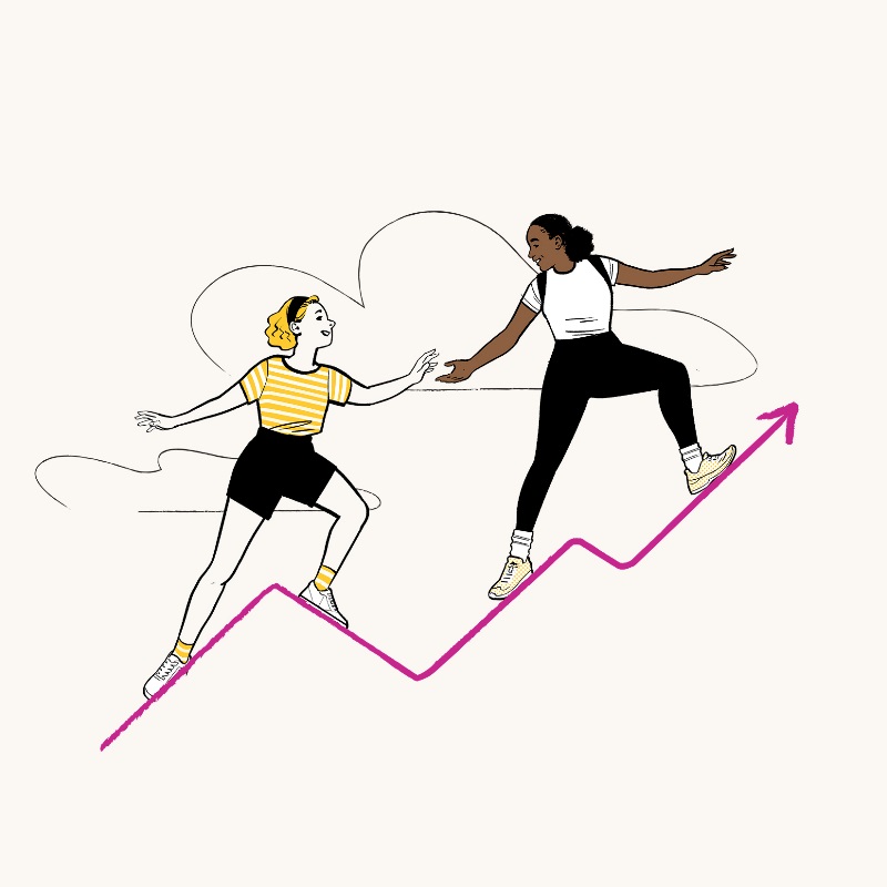 Illustration of a woman helping another woman hike up a slope, standing on top of a graphic of an upward-trending arrow.