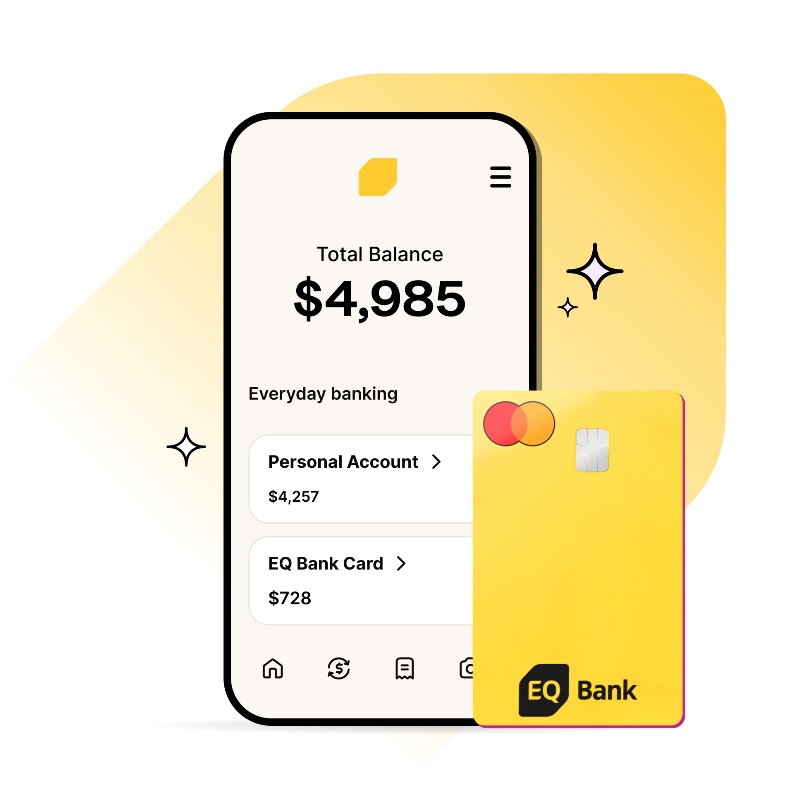 Phone screen showing the EQ Bank mobile app dashboard on screen, next to an EQ Bank Card, set against EQ Bank jewel symbol.