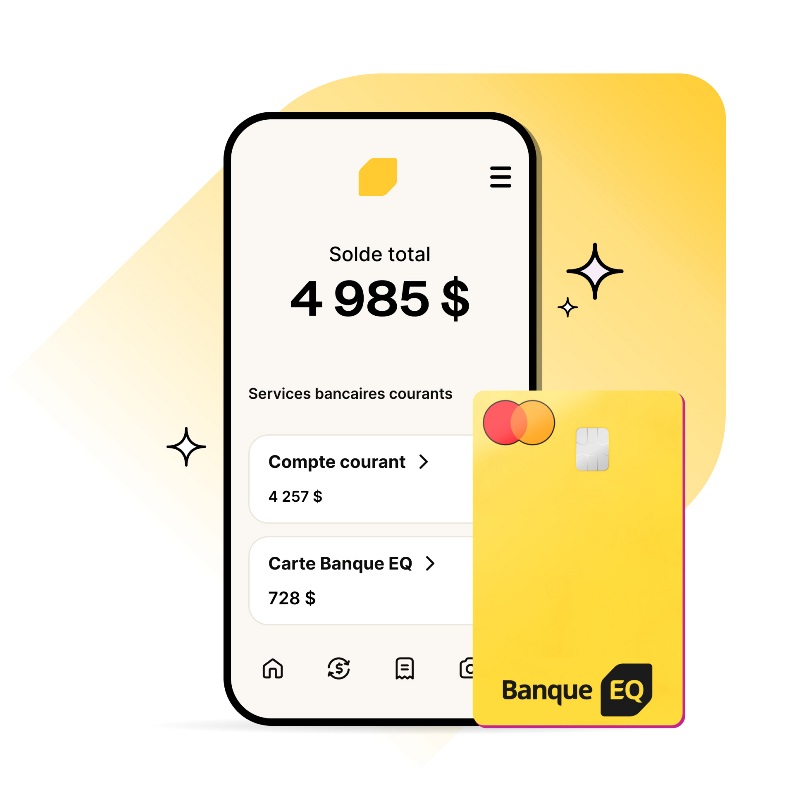 Écran de téléphone affichant le tableau de bord de l’Appli de la Banque EQ, à côté d’une Carte Banque EQ, apposés contre le losange de la Banque EQ.