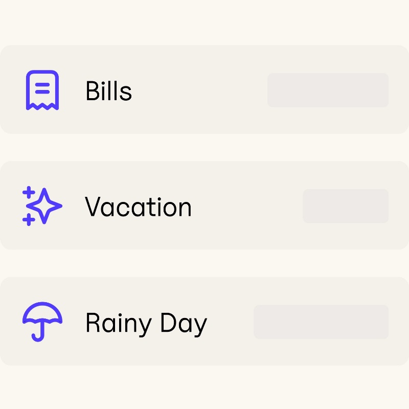 Simplified UI showing 3 different accounts on the EQ Bank app including: Bills, Vacation and Rainy Day.