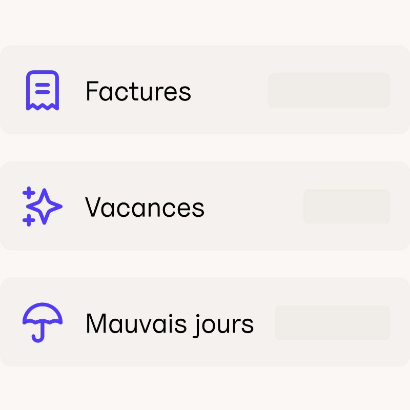 Interface utilisateur simplifiée montrant 3 comptes différents sur  l’Appli de la Banque EQ, notamment : Factures, Vacances et Mauvais jours.