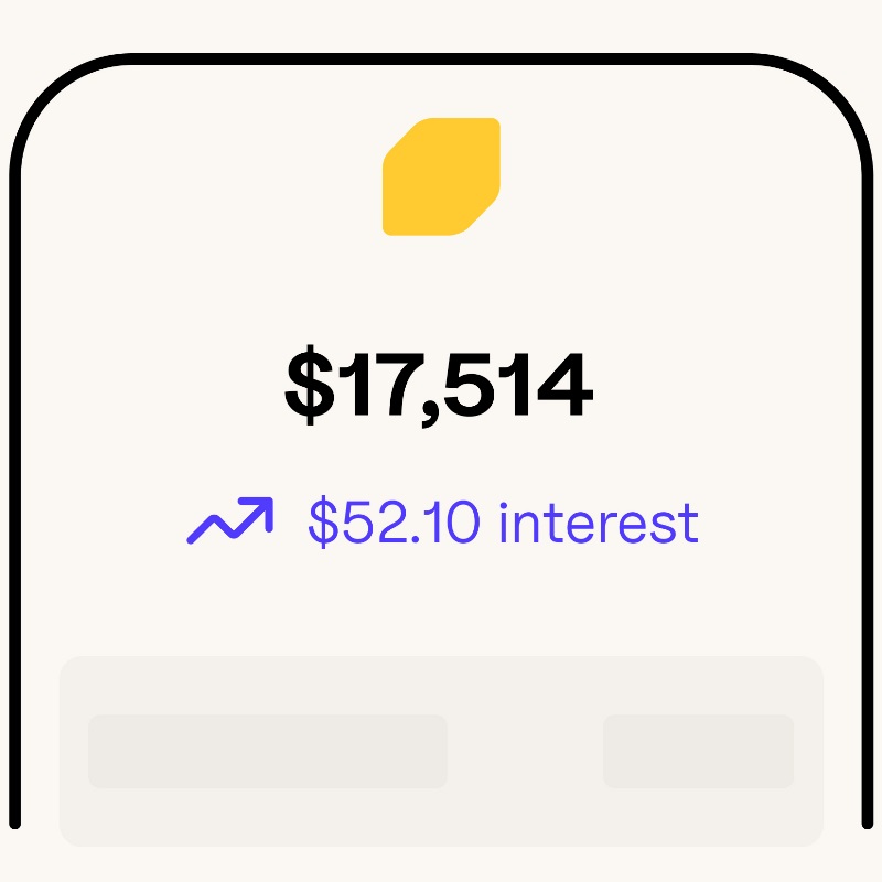Phone screen showing the EQ Bank mobile app dashboard on screen with an account balance of $17,514 and interest earned of $52.10 underneath.