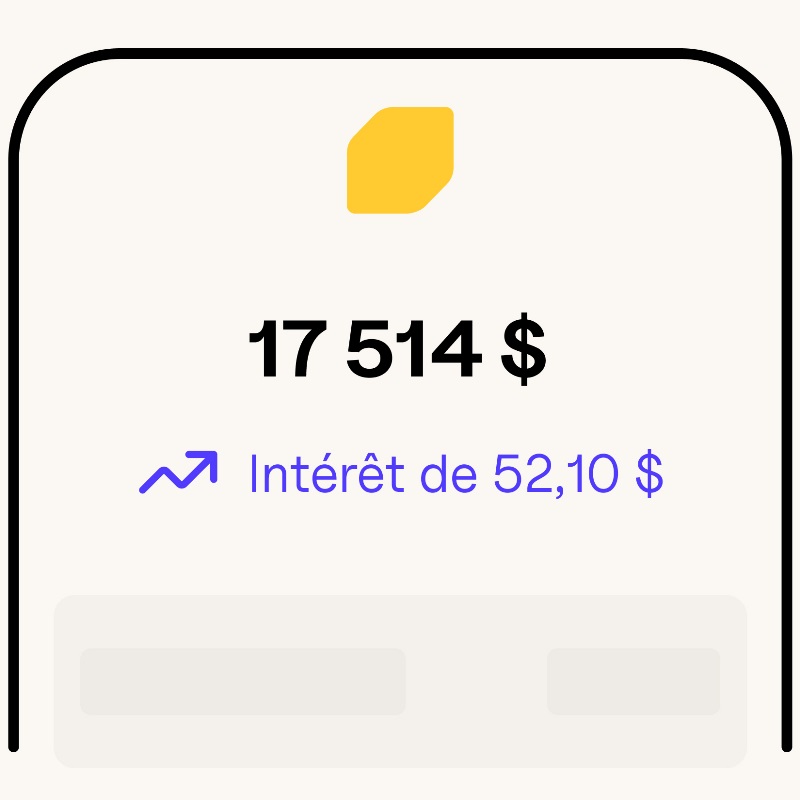 Écran de téléphone affichant le tableau de bord de l’Appli de la Banque EQ, avec un solde de compte de 17 514 $ et des intérêts gagnés de 52,10 $ en dessous.