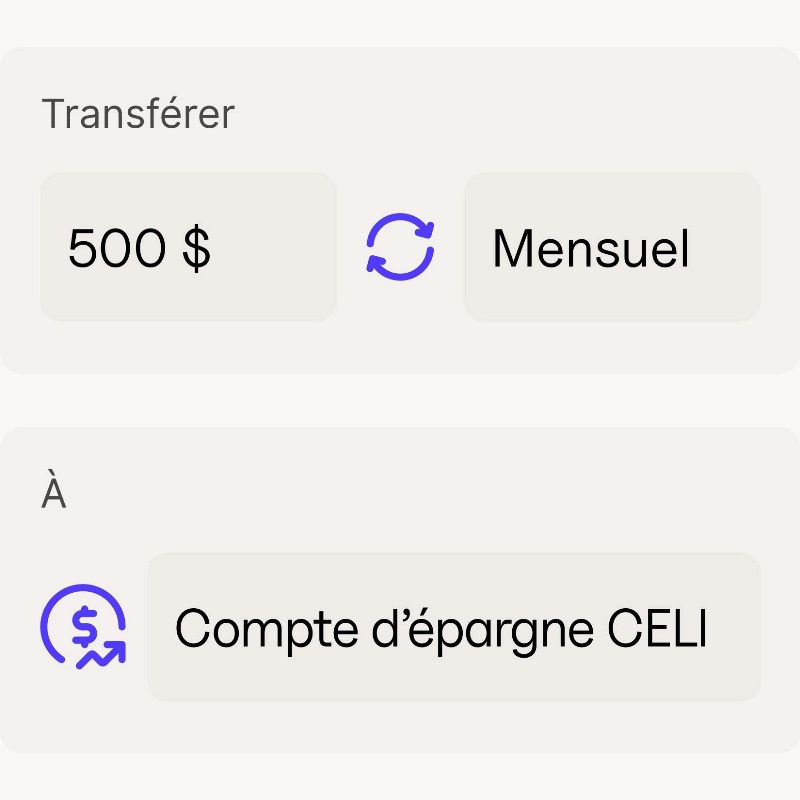 Interface utilisateur simplifiée affichant les paramètres de transfert d'argent automatisé de 500 $ par mois vers le compte d'épargne CELI.
