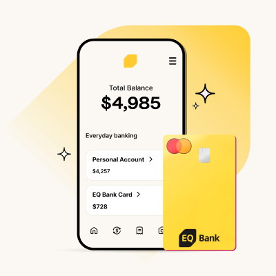 Phone set atop lozenge with screen showing EQ Bank logo, “Total balance $4,985”,  and “Personal Account $4,257”