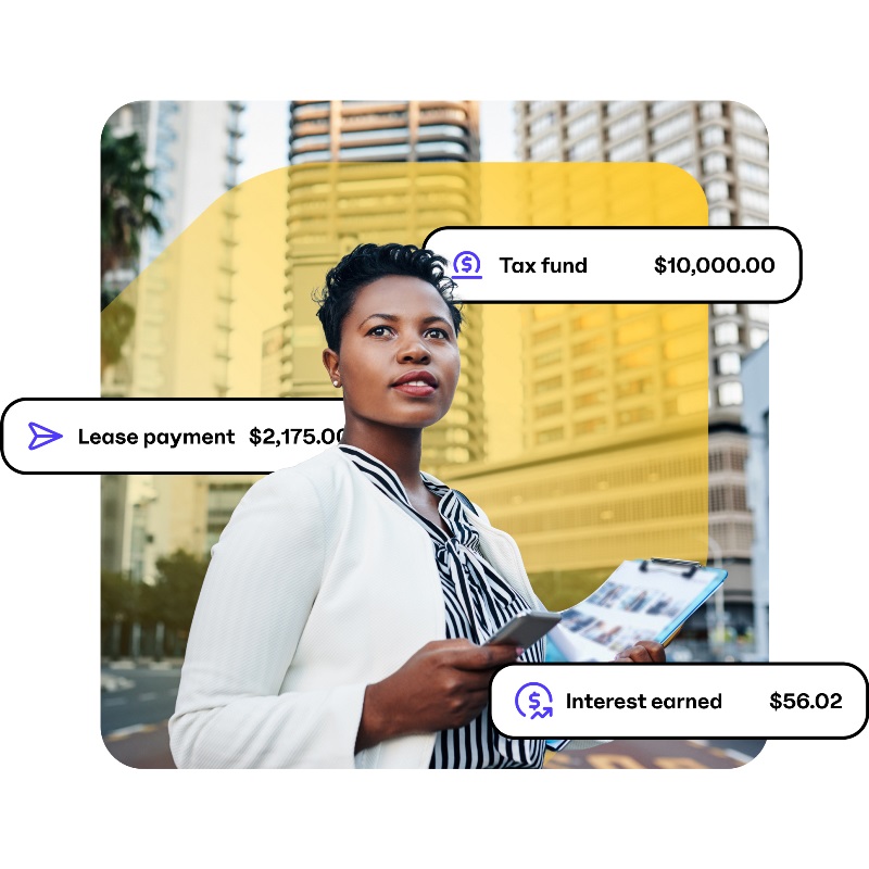 Woman looking upward with phone in hand, surrounded by text describing transactions using her EQ Bank Business account: Lease payment, tax fund, and interest earned, with EQ Bank jewel symbol set against city backdrop.