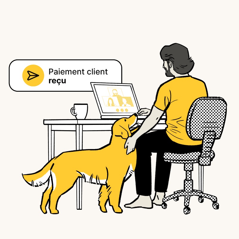 Image d’un homme travaillant sur son ordinateur portable et caressant son chien. Élément graphique en arrière-plan montrant une notification qui affiche le texte : Paiement client reçu.