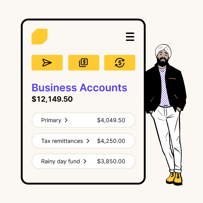 Simplified illustration of a phone screen showing the Business Account dashboard in the EQ Bank mobile app.