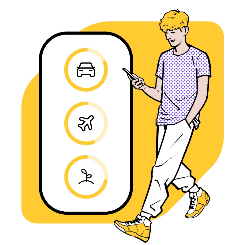 Illustration of young man looking at phone next to lifesize phone screen showing icons that depict saving goals like a car, travel, and rainy day funds, set against EQ Bank jewel symbol.