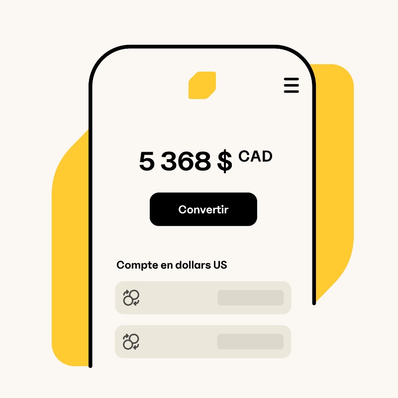 Image simplifiée d’un écran de téléphone montrant le tableau de bord du Compte en dollars US dans l’Appli de la Banque EQ.