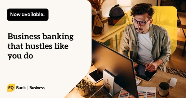 Home page of the EQ Bank business account showing a man on his computer next to a title that says Business banking that hustles like you do