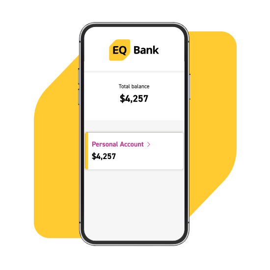 Phone set atop lozenge with screen showing EQ Bank logo, “Total balance $4,985”,  and “Personal Account $4,257”