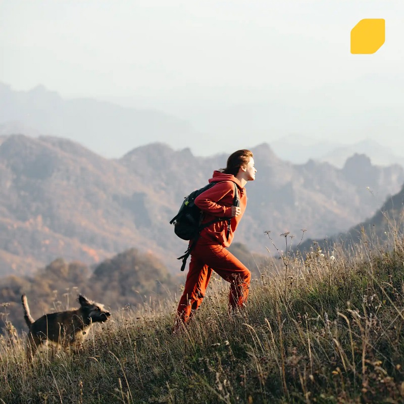 Photo of person and their dog hiking up a mountain, with the EQ Bank jewel on the corner of the image.