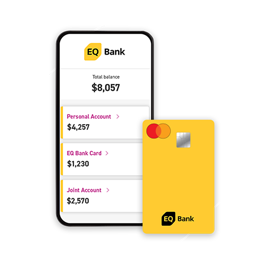 Mobile phone showing EQ Bank account dashboard screen with an EQ Bank Card beside it
