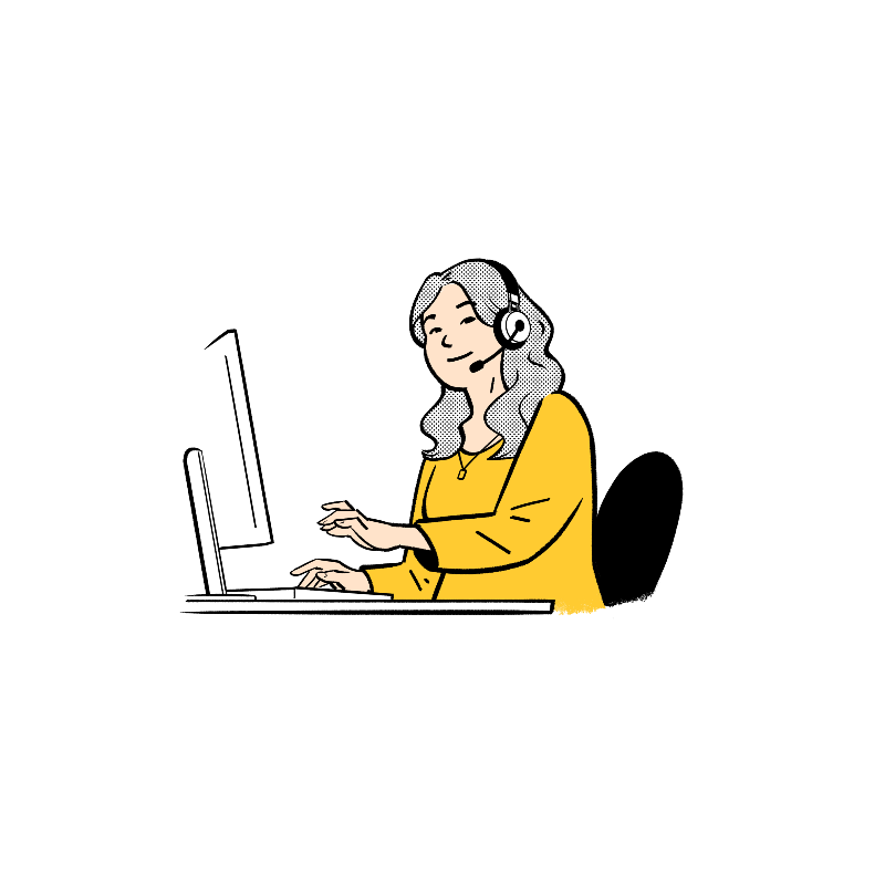 An illustration of a Business Banking Specialist wearing a headset, sitting at a computer. She is smiling, and ready to help with your Business Banking enquiries